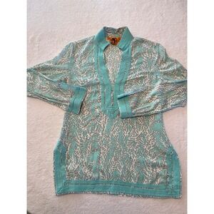 Tory Burch Coral Print Tunic Aqua Blue White Collar Long Sleeve Pockets Size 4